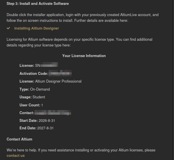 Altium license information