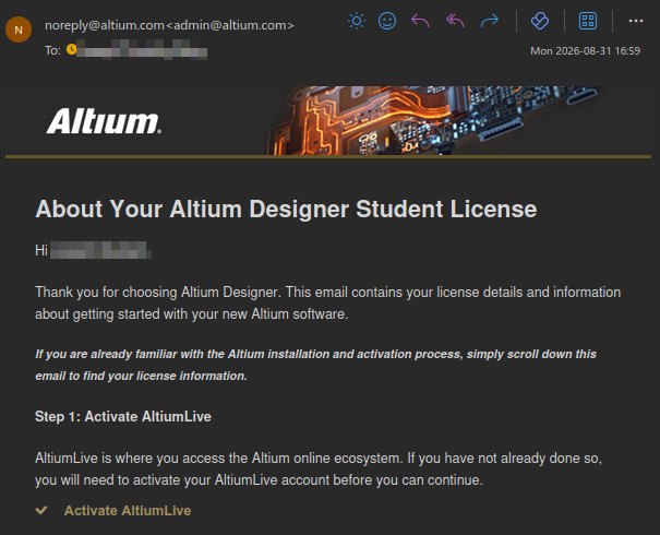 Altium emailed the license