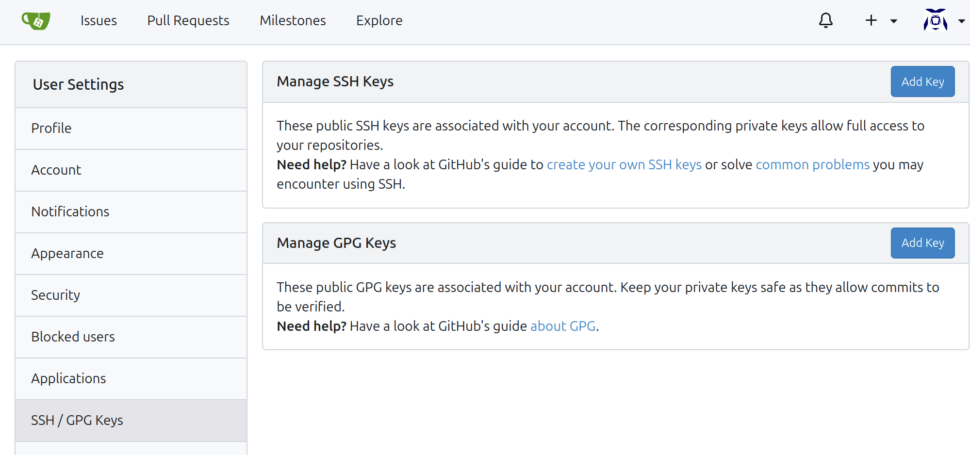 menu of SSH / GPG Keys