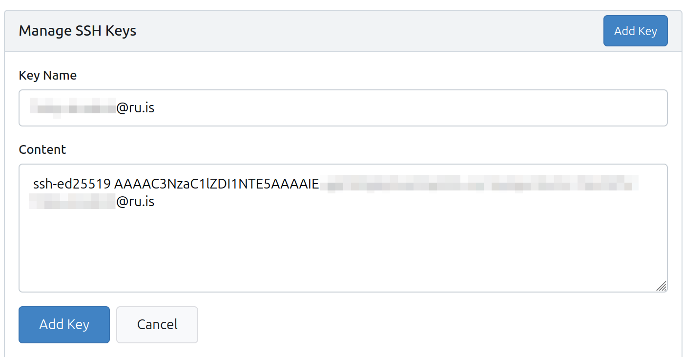 SSH key pasted into the text field